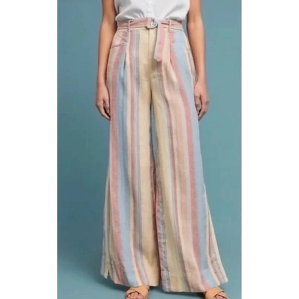 Anthropologie Striped Linen Blend Wide Palazzo Leg Pants Belted Beachy Womens